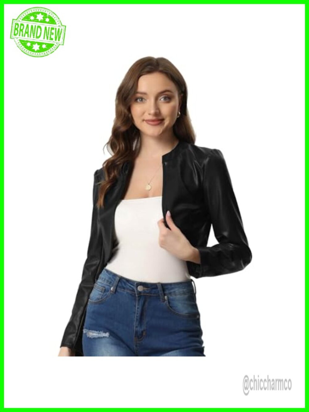 Faux Leather Jacket Open Front Long Sleeve Cropped Women's Outerwear